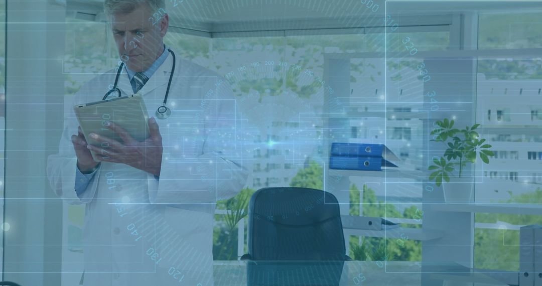 Doctor Analyzing Digital Data on Tablet with Futuristic Overlays