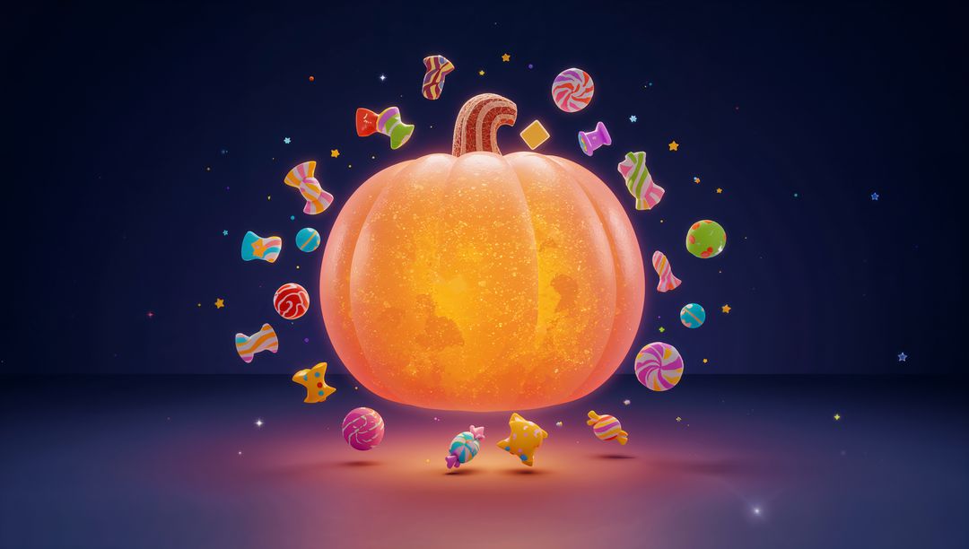 Glowing Pumpkin Floating with Colorful Candies on Reflective Surface