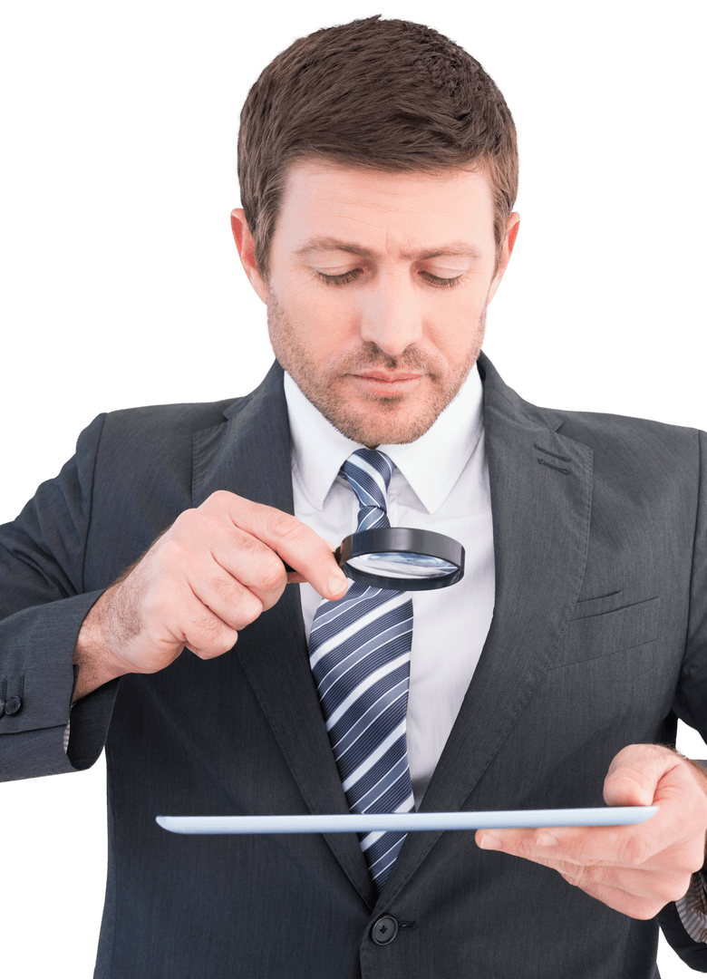 Transparent Businessman Using Magnifying Glass on Tablet