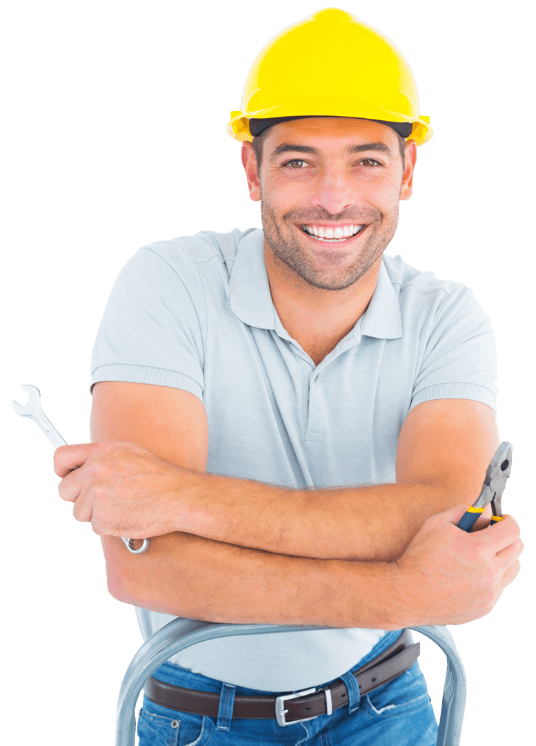 Happy Repairman Holding Hand Tools on Transparent Background