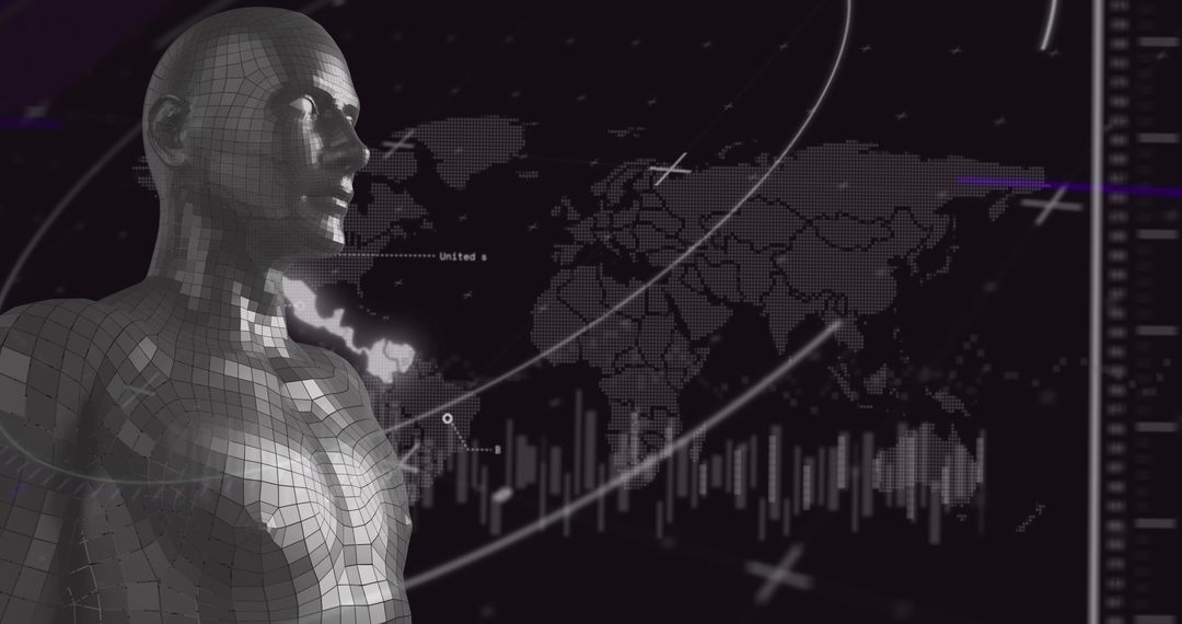 Futuristic Concept of Digital Human with Global Data Analysis