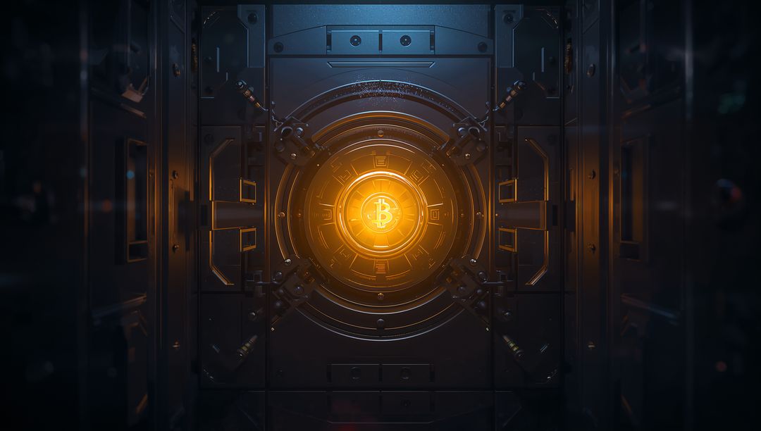 Glowing Bitcoin Emblem Radiating Inside High-Security Vault with Futuristic Circuitry