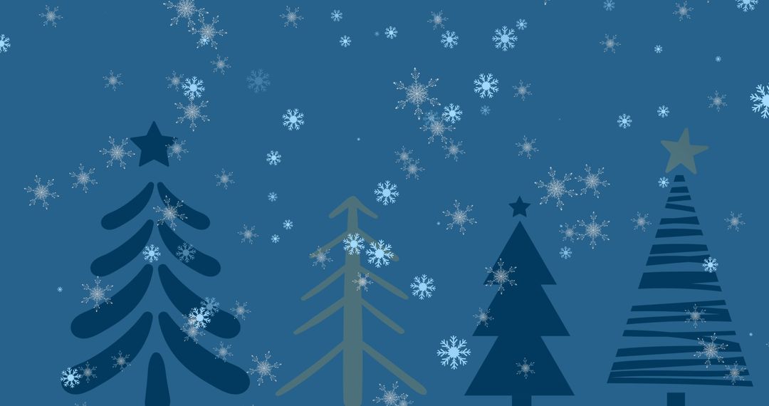 Snowflakes Falling Over Graphic Christmas Trees on Blue
