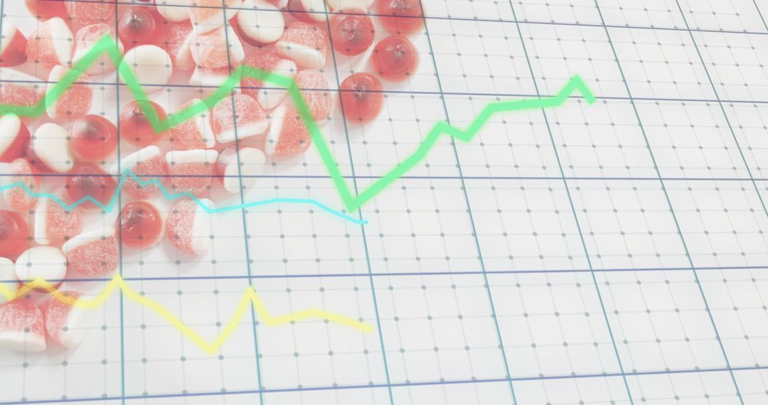Pharmaceutical trends overlaying grid with red-white capsules and colored line charts