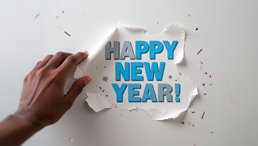 Left Hand Peeling Torn Paper Revealing Happy New Year Blue Glitter Typography with Confetti