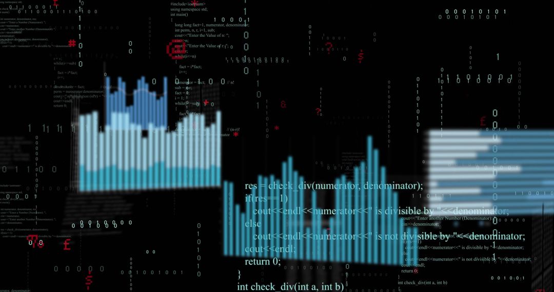 Futuristic Digital Interface with Data Visualization and C++ Code
