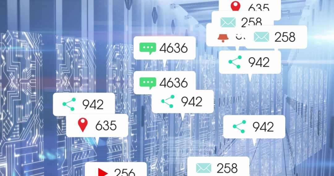 Digital Interface Icons Over Futuristic Server Room Concept