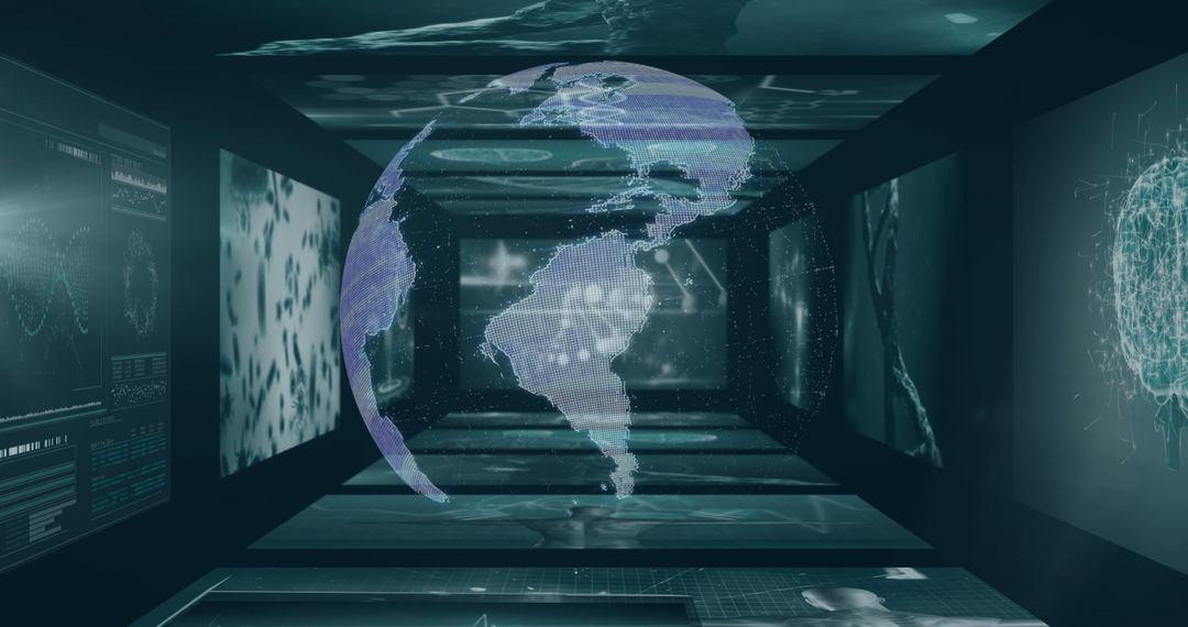 Holographic Globe in Futuristic Corridor with Digital Data Panels