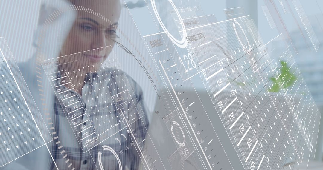 Businesswoman Analyzing Financial Data on Laptop with Digital Interface