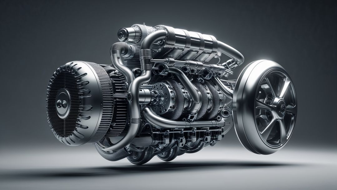 Futuristic Metallic Engine Floating in Studio Environment