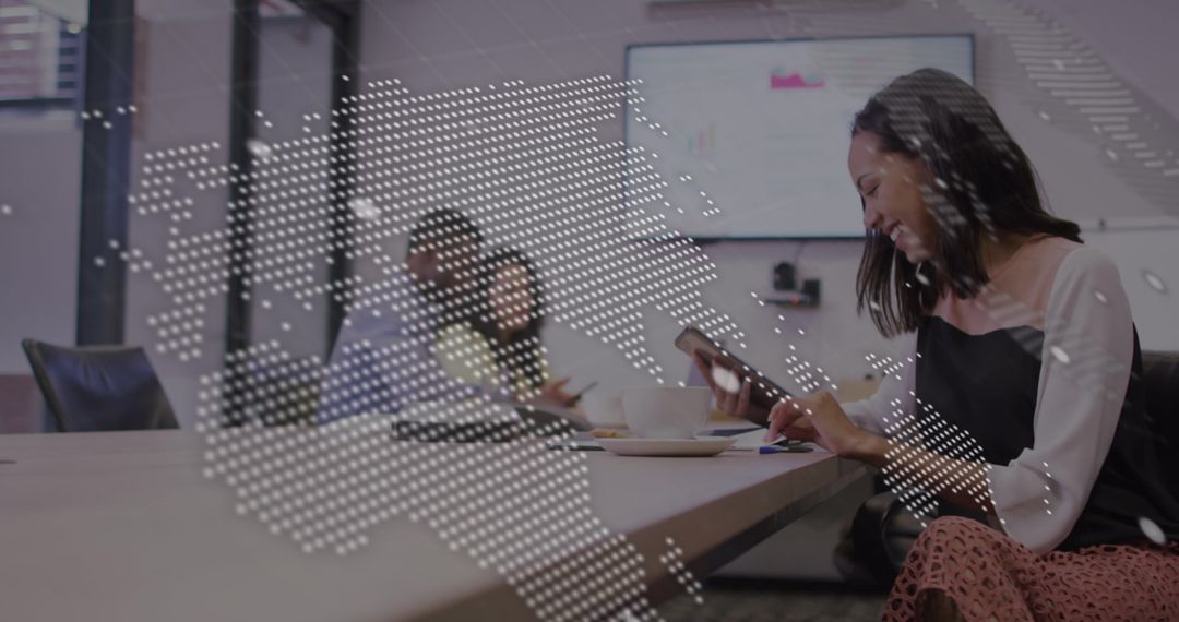 Smiling Businesswoman Using Smartphone with Digital World Map Overlay