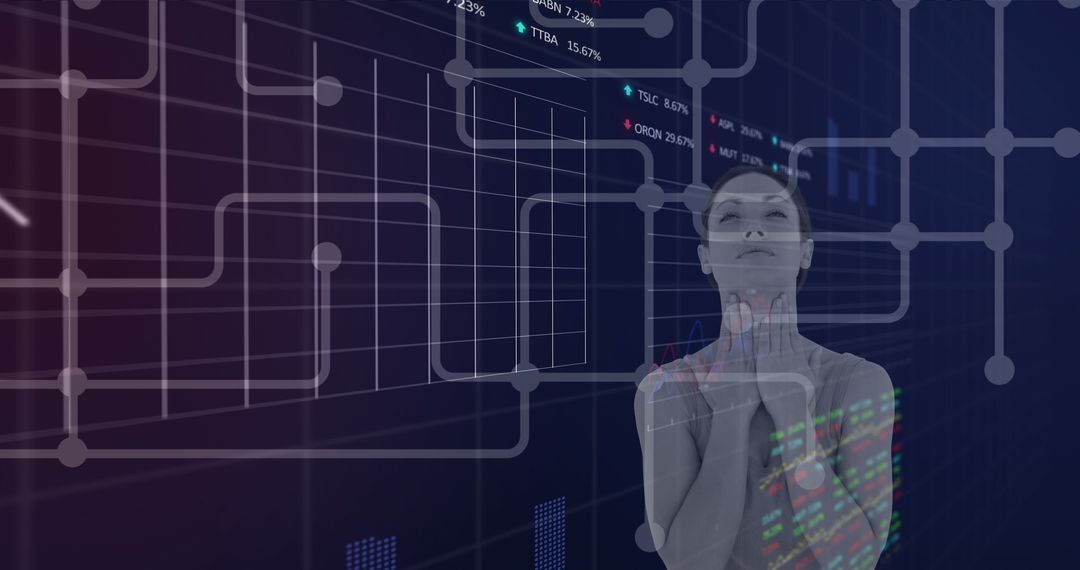 Caucasian Woman Analyzing Digital Data Interfaces