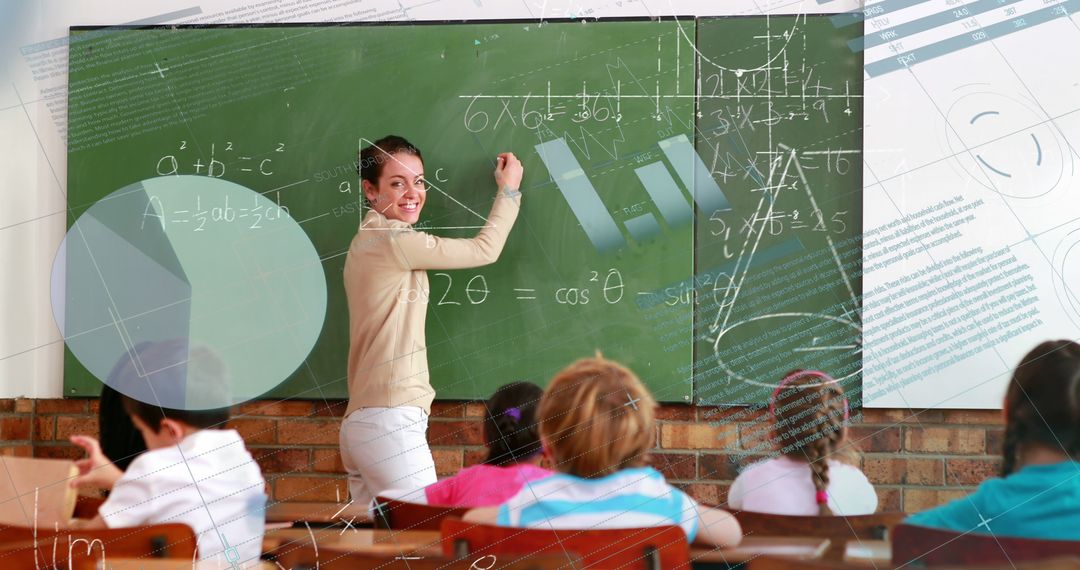 A smiling female math teacher engages students with a dynamic digital interface on a blackboard. - Free Images, Stock Photos and Pictures on Pikwizard.com
