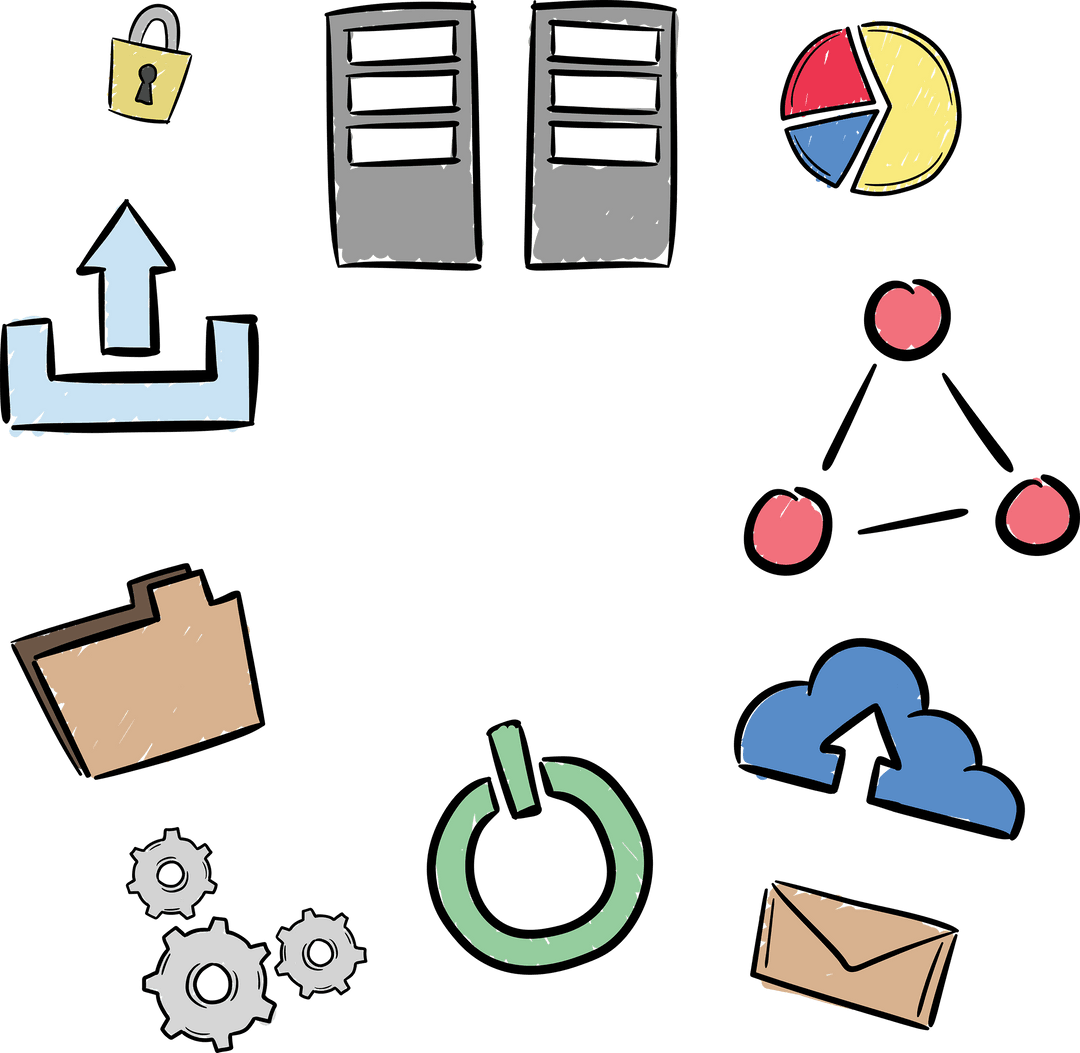 Colorful Hand-Drawn Business and Technology Icons on Transparent Background