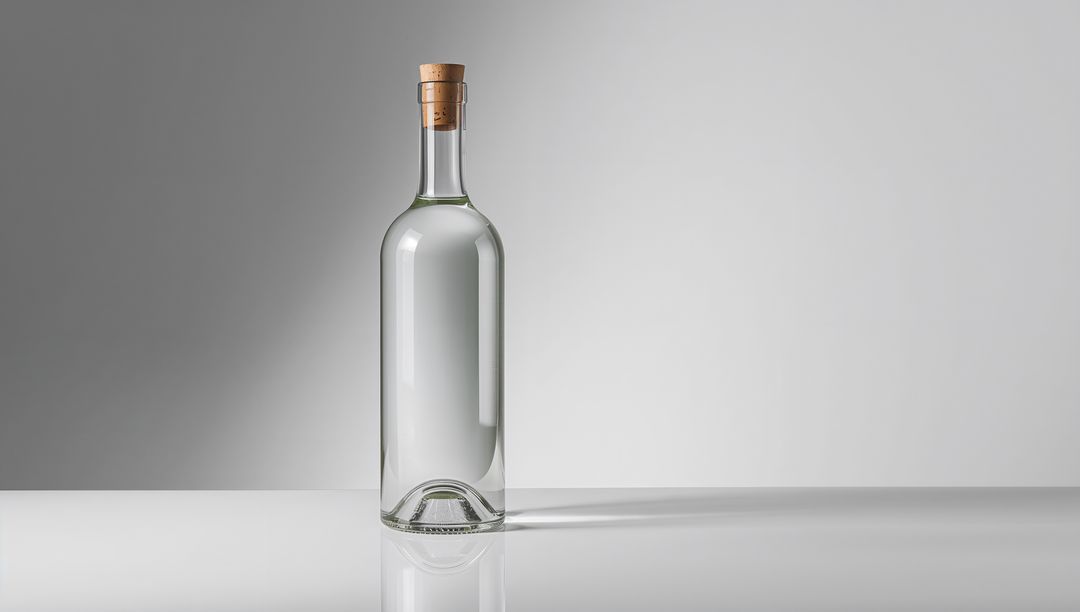 Minimalist Glass Bottle with Cork on Glossy Table Surface