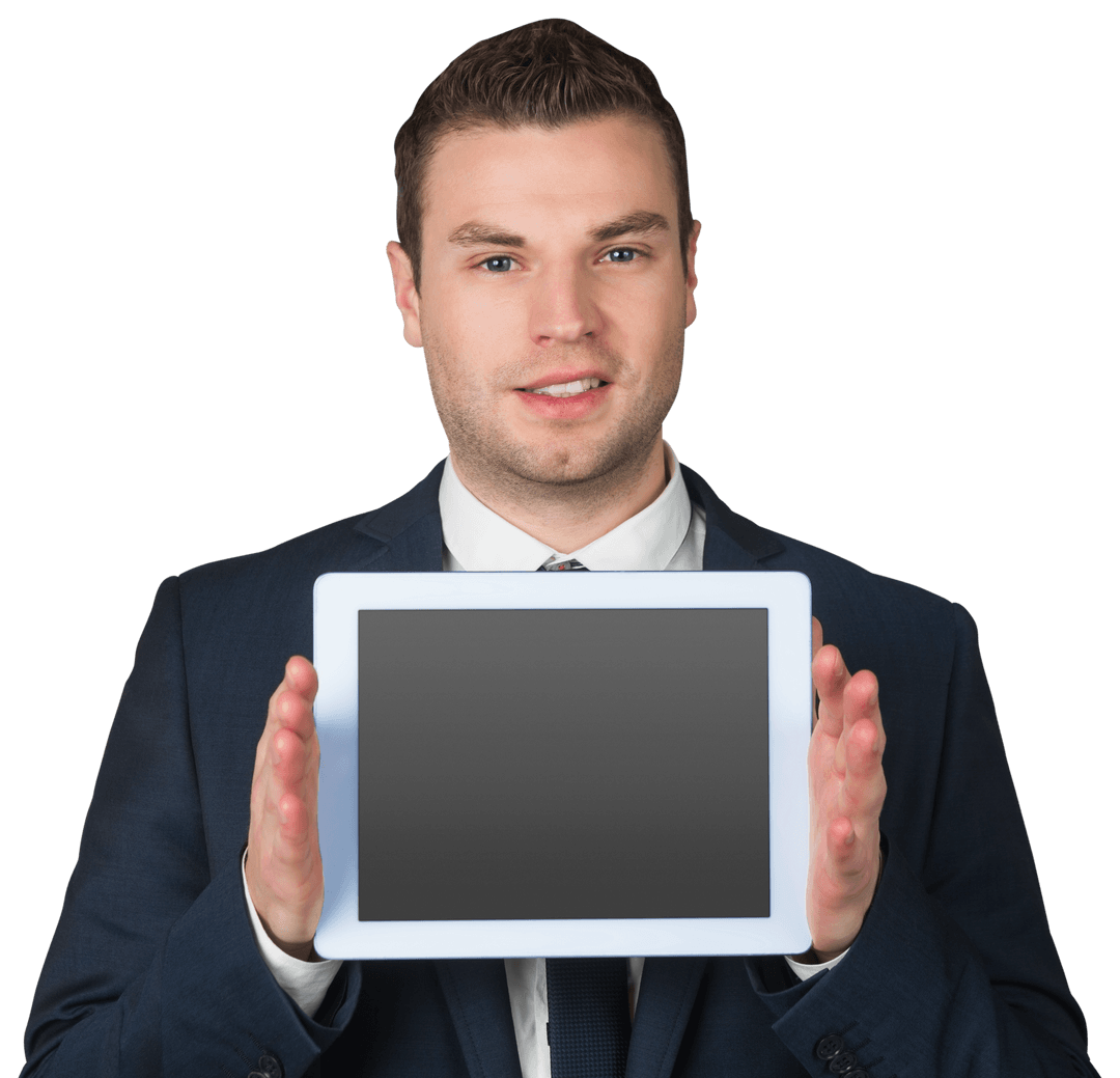 Businessman Holding Transparent Blank Tablet Screen