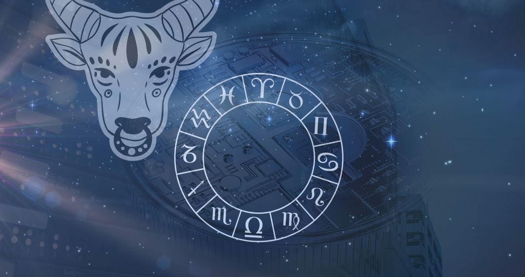 Zodiac Wheel with Taurus over Bitcoin Symbol and Data Processing Theme
