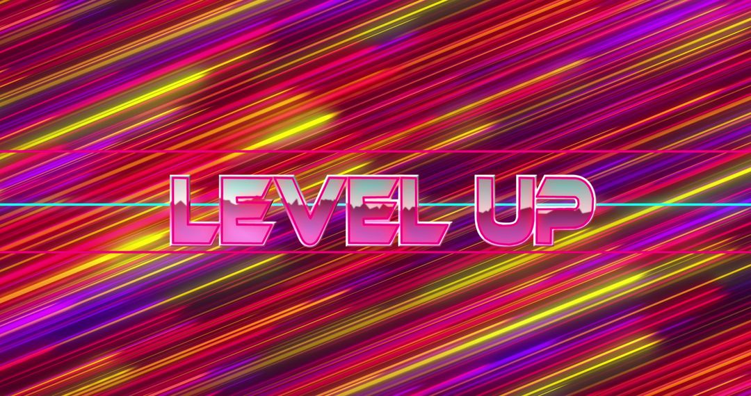 Bright Neon 'Level Up' Text Over Colorful Light Trails