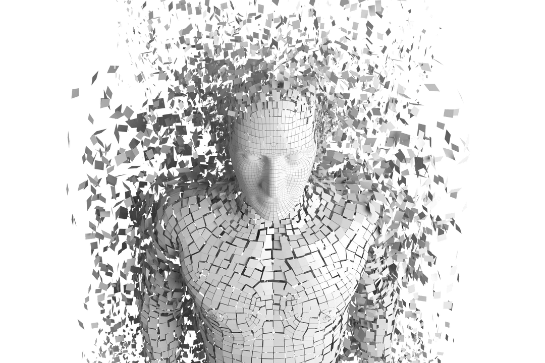 Pixelated Human Figure on Transparent Background 3D Digital Art