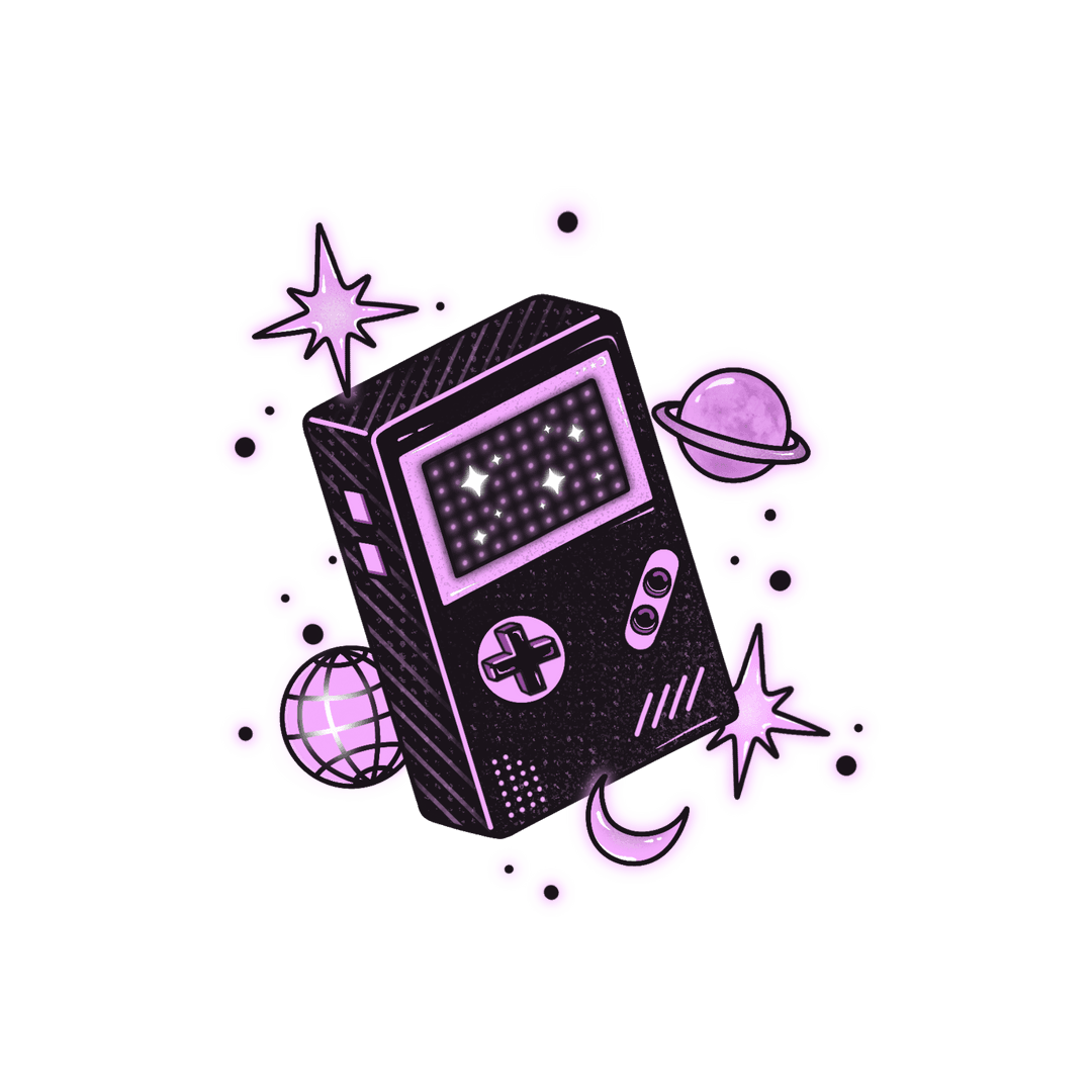 Retro Handheld Gaming Console in Cosmic Fantasy Transparent Design