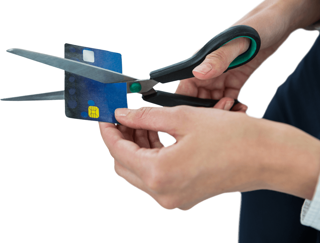 Transparent Hands Cutting Credit Card with Scissors for Financial Freedom
