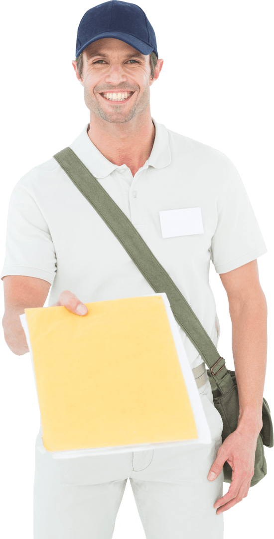 Smiling Courier Offering Transparent Envelope Up Close
