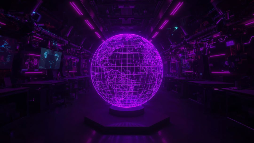 Holographic Pink Globe Display in High-Tech Control Room