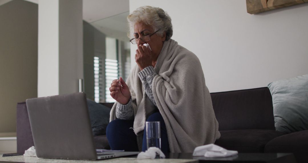 Senior Woman Using Laptop while Blowing Nose and Sitting on Couch with Blanket - Free Images, Stock Photos and Pictures on Pikwizard.com