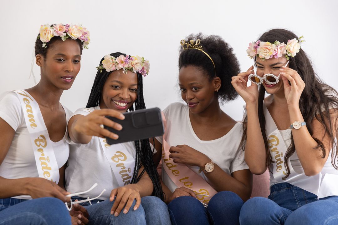 Diverse Bridal Squad Taking Selfie in Casual Home Setting