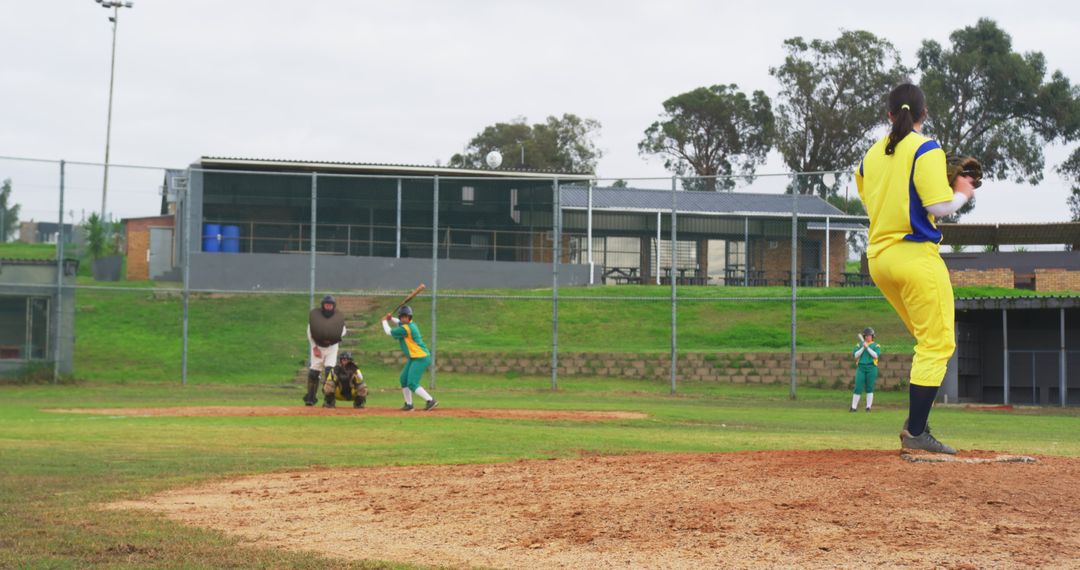 Female Softball Player Pitching During Game on Community Field