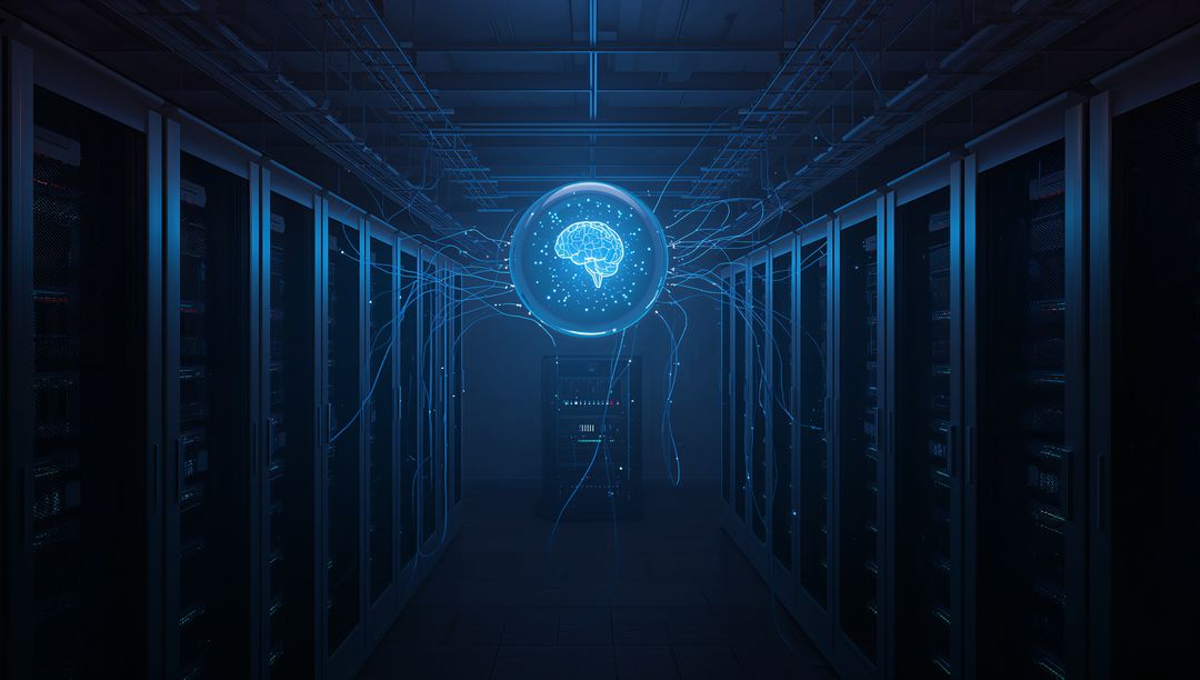 Floating holographic sphere emitting blue brain icon in data center linking server racks