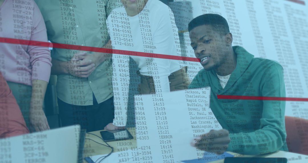 Diverse Team Analyzing Data at Office with Transparent Overlay