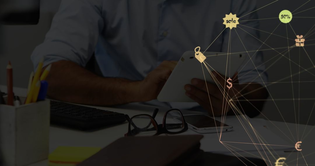 Businessman Utilizing Tablet with Digital Network Icons