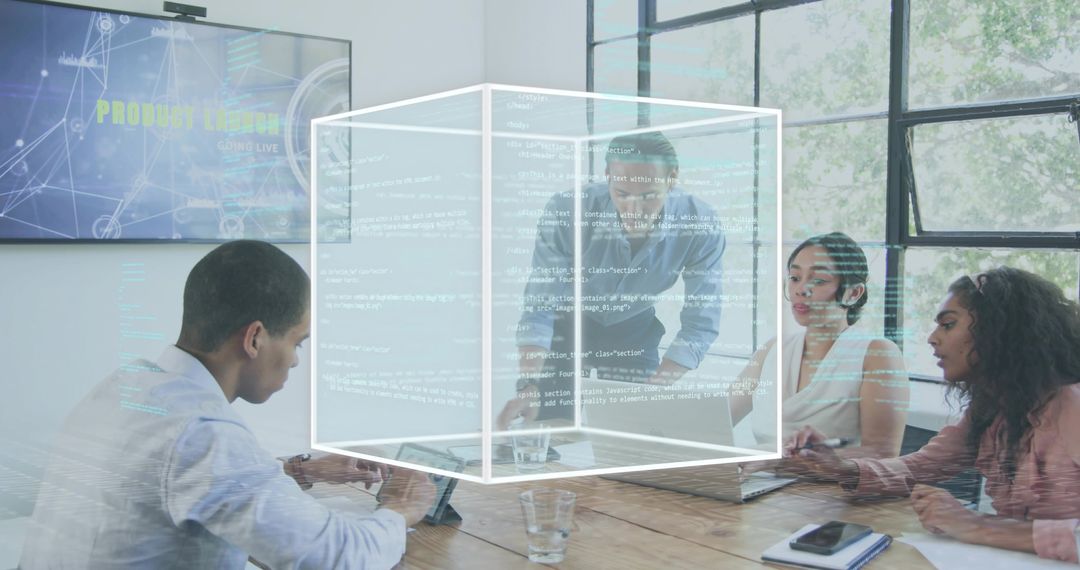 Team collaborating around holographic 3D cube in modern conference room for AR presentation