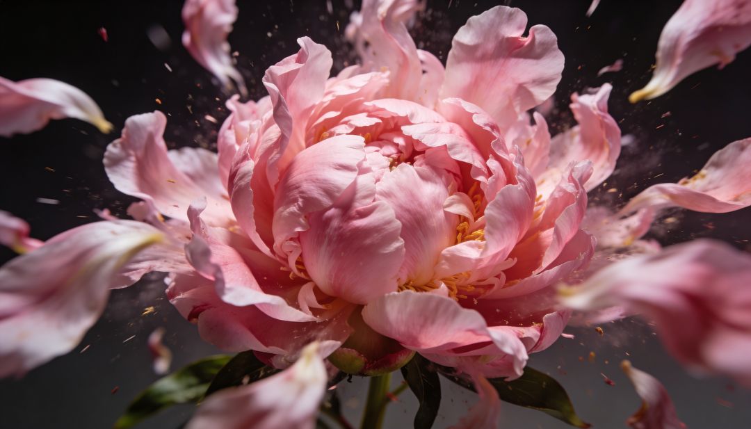 Exploding Pink Peony Bloom with Scattered Petals and Pollen Macro High-Speed Capture
