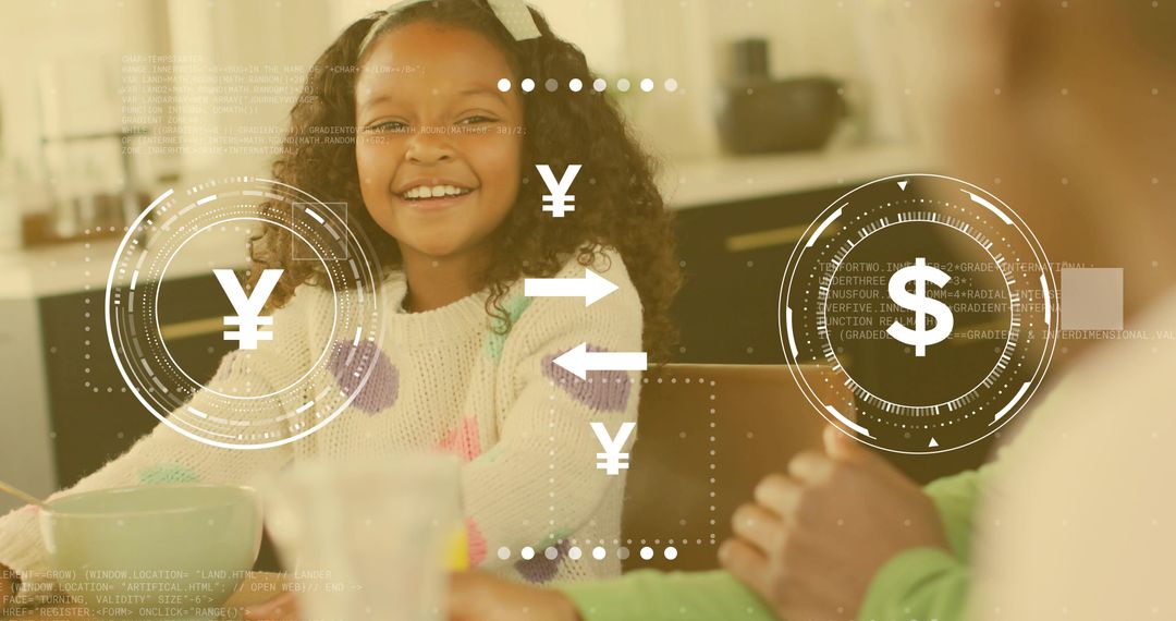 Smiling girl wearing pom-pom sweater using virtual currency HUD at cozy kitchen table