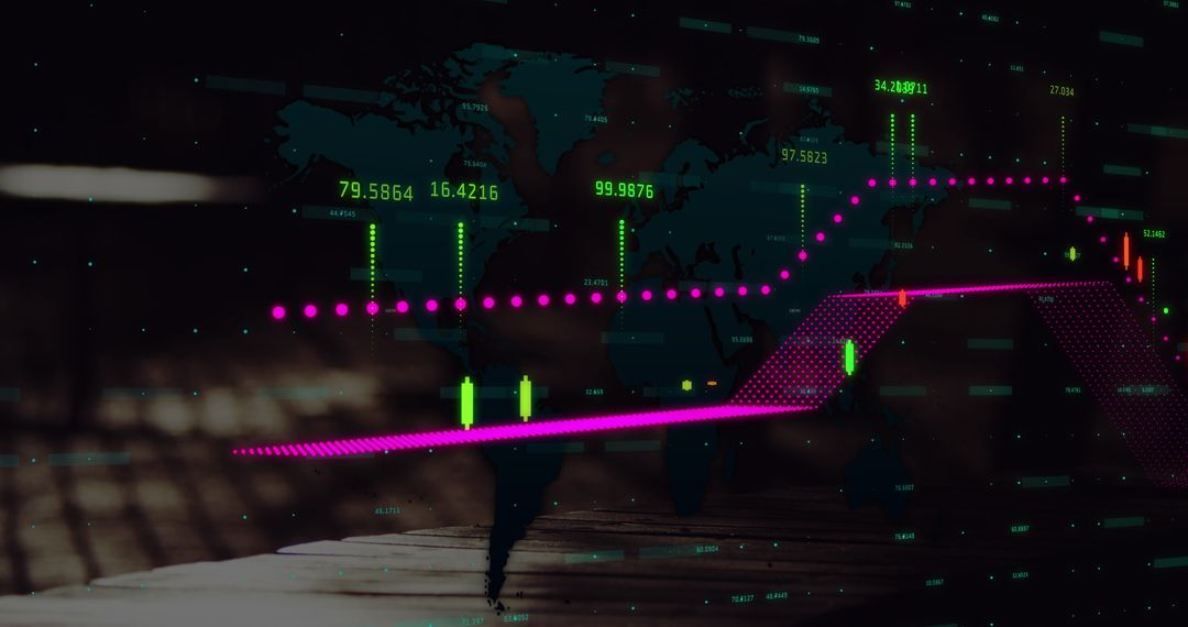 Digital Finance Graphs and Data on Glowing World Map Indicating Global Trends