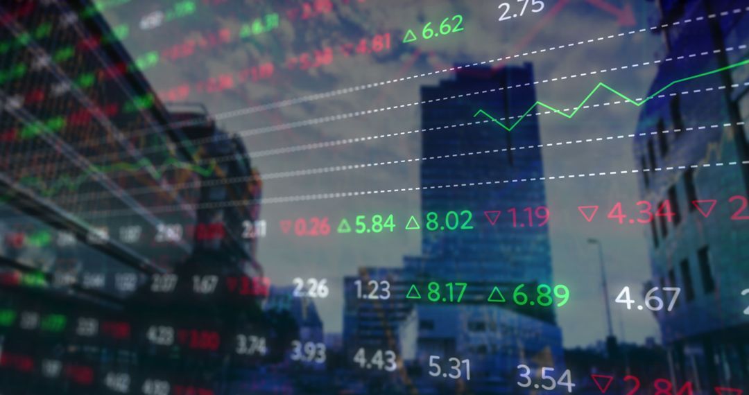 Financial Data Overlaying Cityscape With Upward Graphs