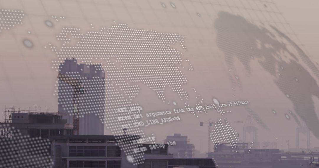 Digital World Map Overlay on Urban Skyline Representing Global Data Processing