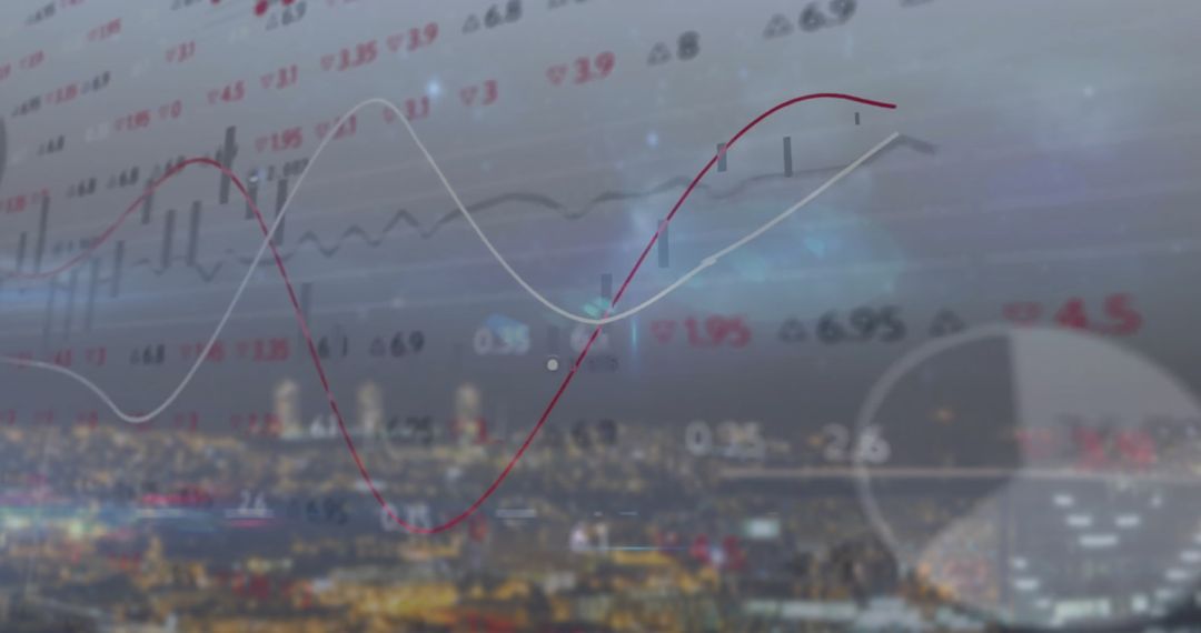 Stock Market Data and Charts Over Cityscape at Twilight