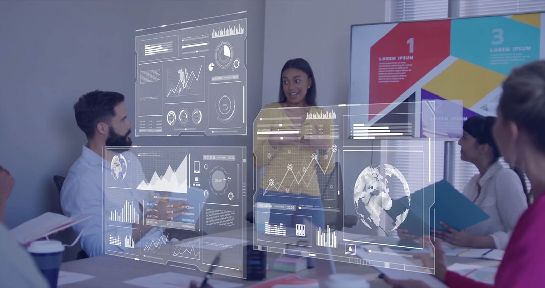 Diverse Business Team Analyzing Financial Reports with Holographic Technology