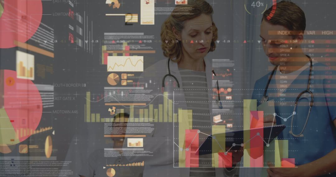 Healthcare Professionals Analyzing Digital Data with Interactive Interface