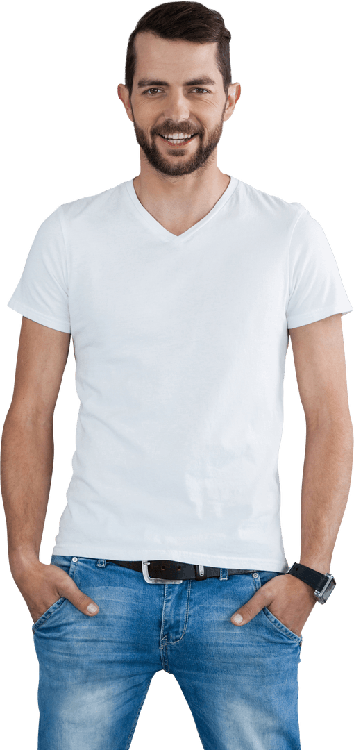 Transparent Background Smiling Man Hands in Pockets Casual Style