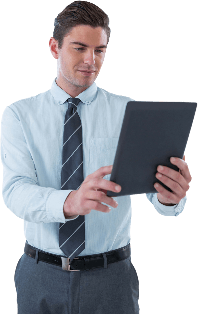 Businessman Holding Tablet Wearing Formal Suit with Transparent Background