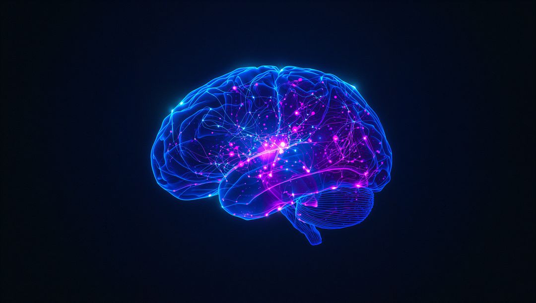 Glowing Neon Brain Hologram with Magenta Neural Pathways