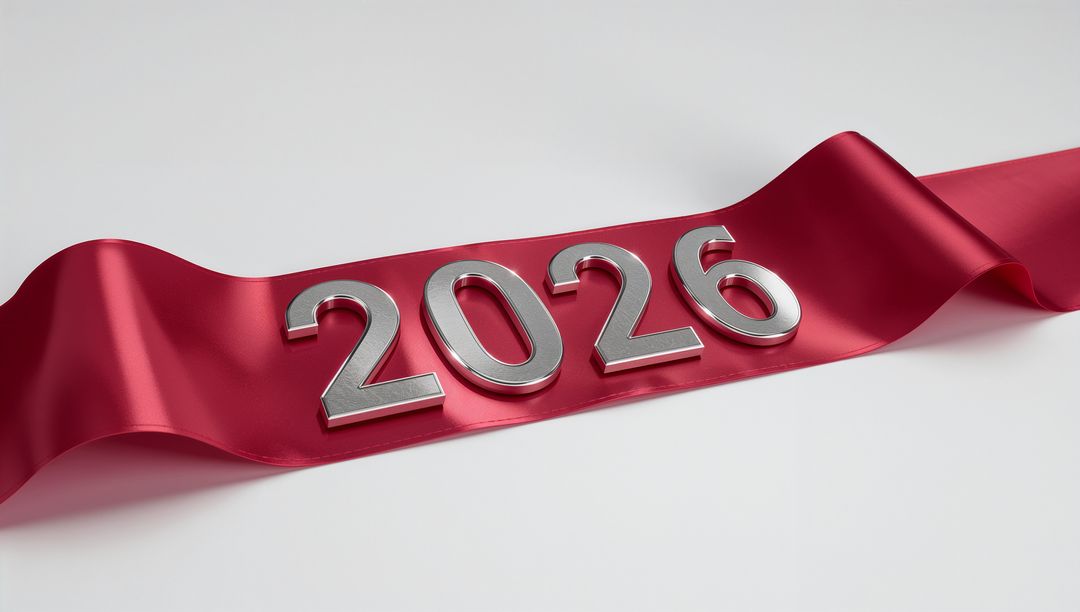 Chrome 2026 Numerals on Red Satin Ribbon Celebrating New Year Minimalist Metallic Design