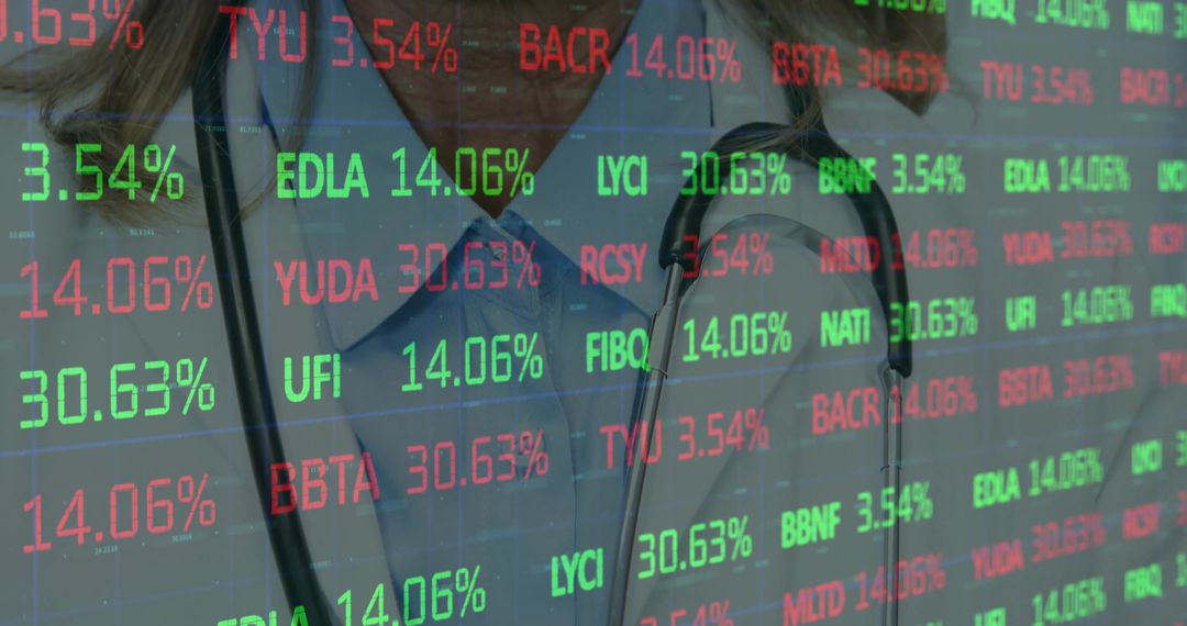 Clinician in Scrubs Analyzing Stock Market Data Overlay