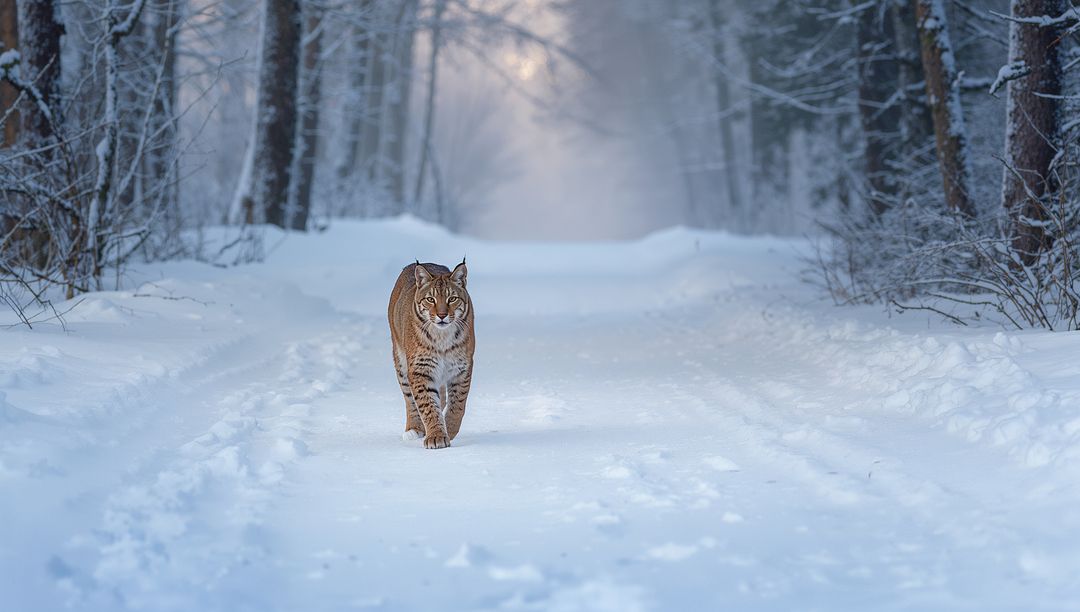 Eurasian lynx walking down snow-covered forest path showing paw prints and morning mist