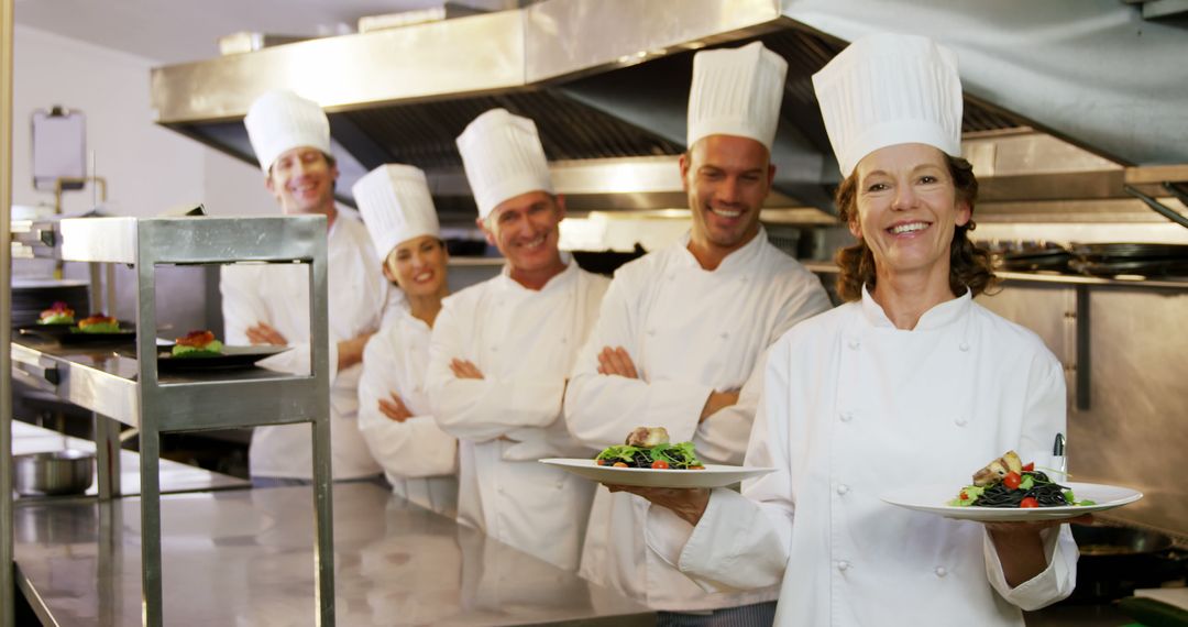 Smiling Chef Team Posing in Commercial Kitchen with Prepared Dishes - Free Images, Stock Photos and Pictures on Pikwizard.com