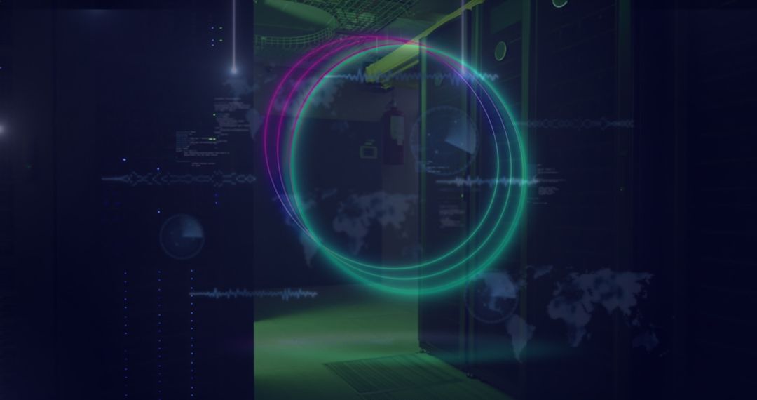 Digital Interface in Server Room with Futuristic Graphics